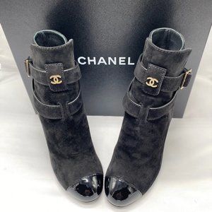Chanel Black Suede Ankle Boots with Gold Accents - New